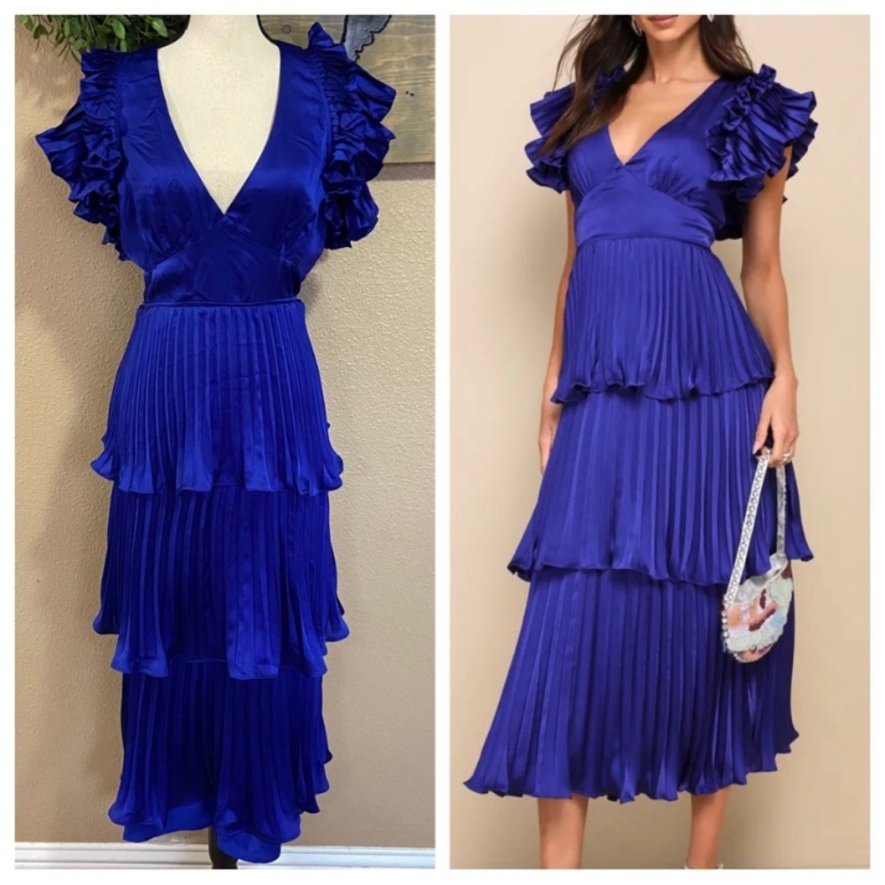 NWOT Lulus Stunning Desire Cobalt Blue Satin Pleated Tiered Midi Dress